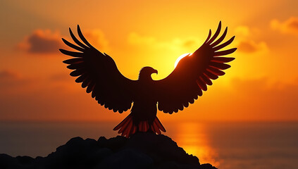 Obraz premium The eagle silhouette spreads its wings at sunset.