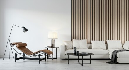 A modern living room with a white sofa, a chaise lounge, and a floor lamp against a white wall