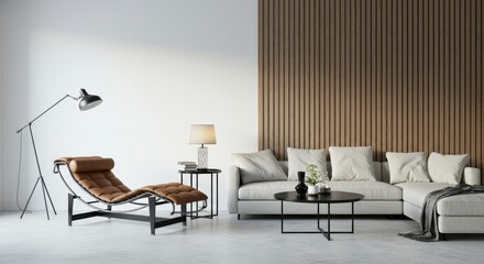 Living room featuring a chaise lounge sofa lamp and coffee table against a paneled wall backdrop