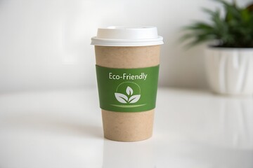 Recyclable coffee cup with eco-friendly label, white background