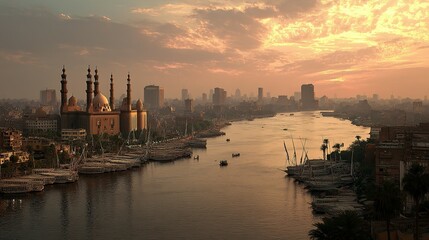 Fototapeta premium Cityscape panorama of a river valley at sunset.