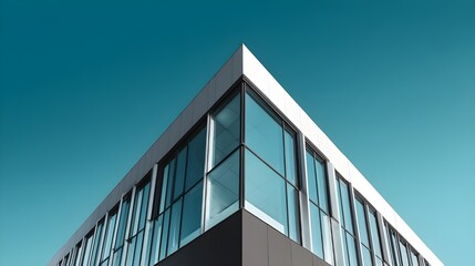 Fototapeta premium Modern minimalist office building with glass facade and sharp angles under clear blue sky