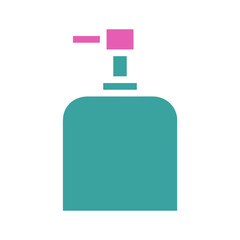 Teal and magenta dispensing bottle icon with simplified rectangular forms