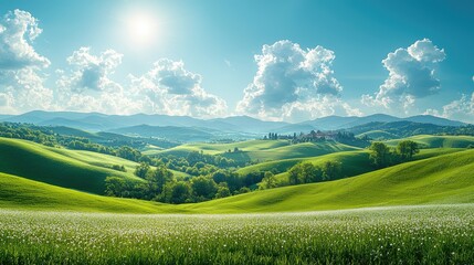 Picturesque Tuscan landscape, vibrant green hills, fluffy clouds, sunny day