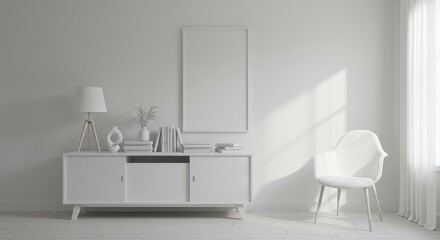 Minimalist interior with white furniture lamp books and a chair near a window with sunlight