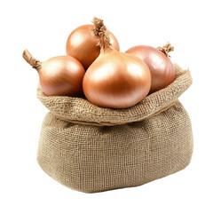 fresh onions in burlap sacks isolated [Transparent Background PNG].