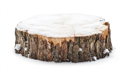 Flat-cut tree stump with light snowfall on top, isolated on white