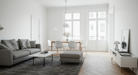 Fototapeta premium Bright living room with gray sofa, white walls, dining table, and large windows in a minimalist style