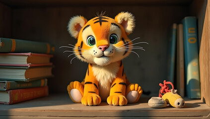 The little tiger toy is surrounded by reading material.