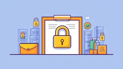 cyber hygiene protection. Digital illustration of a secure padlock with various security icons and documents.