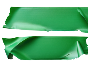 Two strips of green adhesive tape with a glossy finish, partially unrolled, on a transparent background.