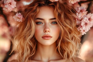 Naklejka premium Commercial marketing conceptual art. Lovely caucasian young woman surrounded by cherry blossoms. Spring mood, golden hour in sunset. Woman in spring flowers with bright style.