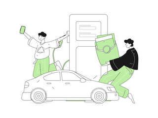 Vector Internet operation hand-drawn illustration of people getting discounts for refueling their cars
