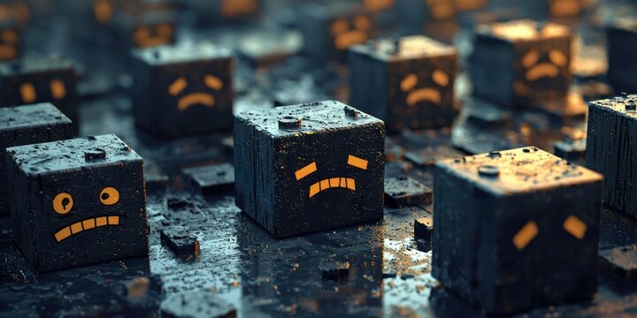 Digital blocks with grimacing faces, gradually crumbling as customer numbers decline.