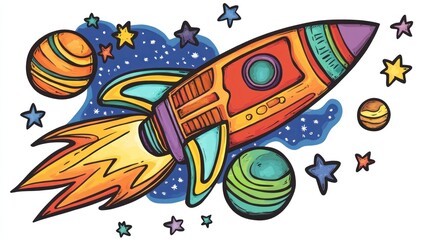 Colorful rocket ship blasting off into space with planets and stars