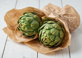 Obraz premium Two artichokes wrapped in brown paper tied with twine on a white wooden surface in a close up shot