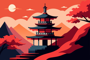 japanese pagoda and cherry blossom