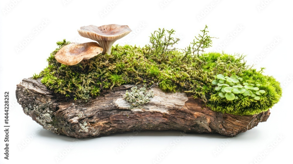 Poster fragment of an old tree log with fresh moss and a delicate mushroom, side view, white background.