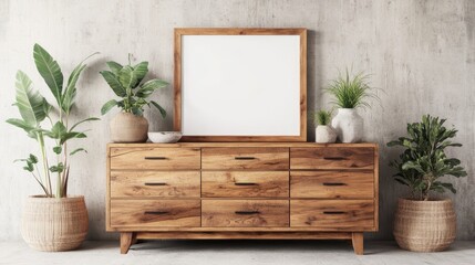 Rustic wooden dresser with drawers and potted plants in woven baskets against a concrete wall with a blank frame and decorative bowl on top.