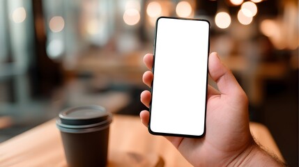 Smartphone mockup displayed in hand with blank screen inside modern café with warm ambient lighting.

