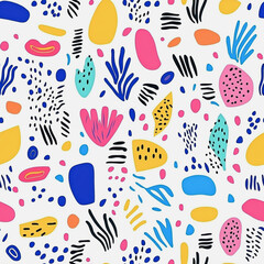 bstract white background with colorful Memphis style seamless pattern. Creative minimalist style art background for children or trendy design with basic shapes. Simple childish scribble backdrop

