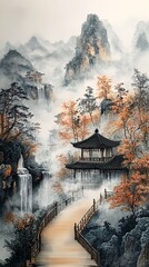 Autumn scenery of China's wind, landscape, pavilions and pavilions