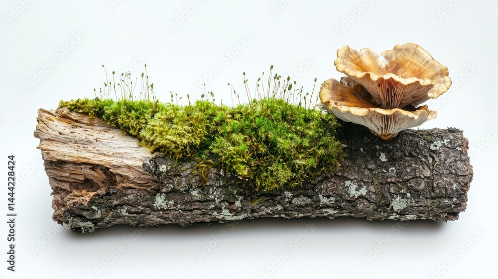 Poster fragment of an old tree log with fresh moss and a delicate mushroom, side view, white background.