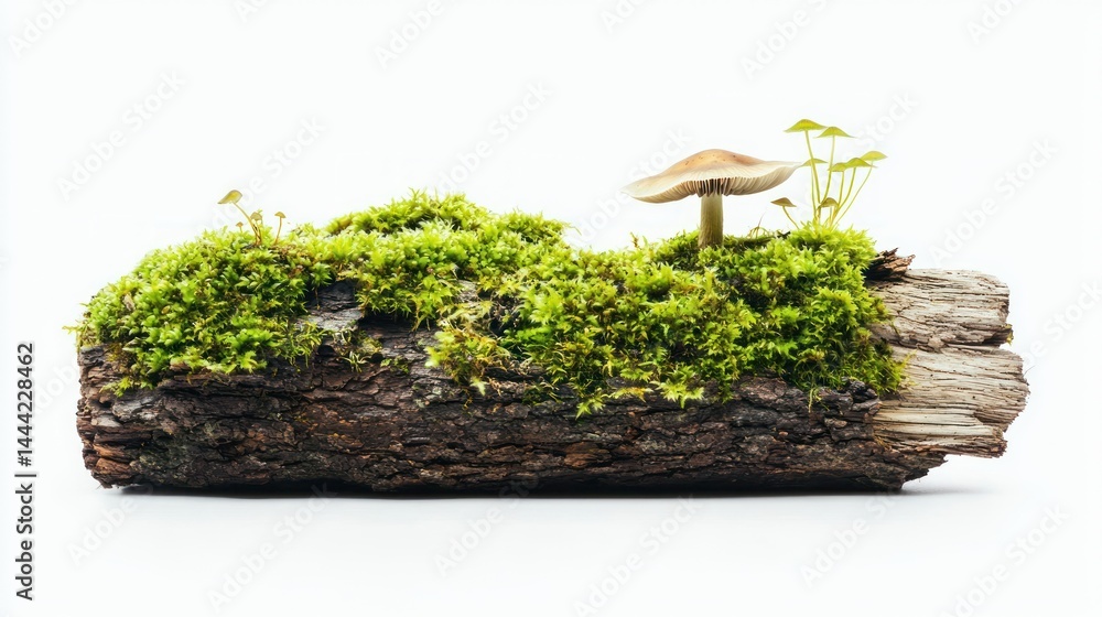Poster fragment of an old tree log with fresh moss and a delicate mushroom, side view, white background.