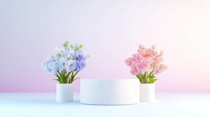 Fototapeta premium Floral Arrangements on Platform Minimalist Style High-resolution Lighting Central display Soft textures Product display Pastel backdrop Gentle and serene Ideal for branding materials