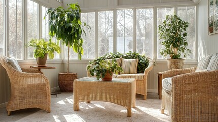 Sunlit sunroom with comfortable wicker furniture and lush houseplants.