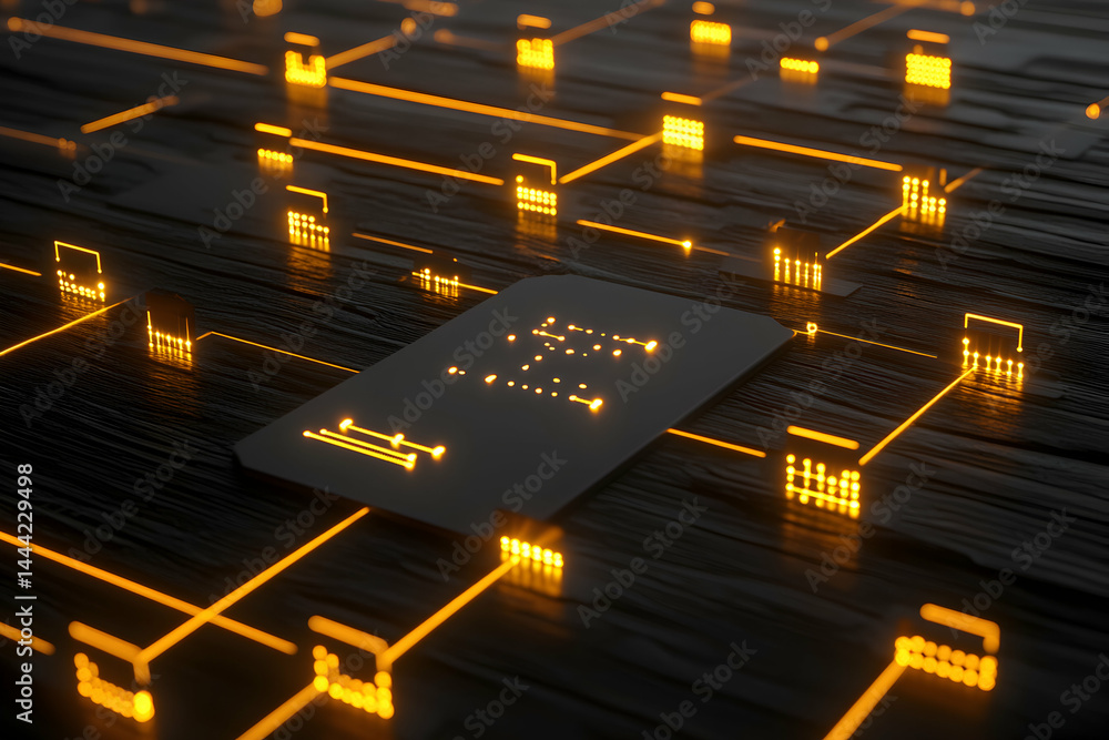 Aufkleber abstract digital network concept. glowing orange lines connect data blocks on a dark wood surface. i