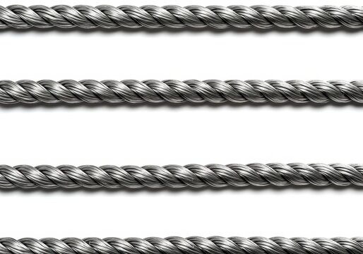 Four silver metal braided ropes arranged horizontally on a white background in a close up shot