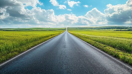 Fototapeta premium Front view of a long straight countryside road with open grassy fields on white