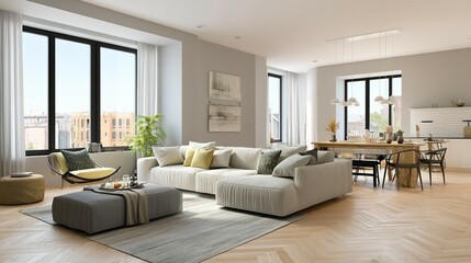 Spacious, modern apartment interior design showcasing a cozy living space.