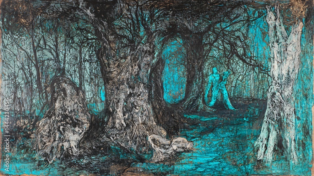 Poster enchanting forest with a striking blue background creating a dreamlike atmosphere filled with timele