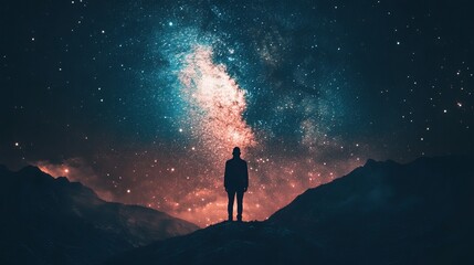 Obraz premium Majestic night sky over mountain range with lone figure silhouetted against brilliant starry expanse