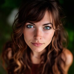 Fototapeta premium A woman with long brown hair and blue eyes looking at the camera