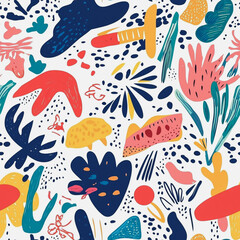 bstract white background with colorful Memphis style seamless pattern. Creative minimalist style art background for children or trendy design with basic shapes. Simple childish scribble backdrop

