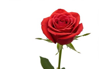 A single red rose with green stem and leaves isolated against a plain white studio background image