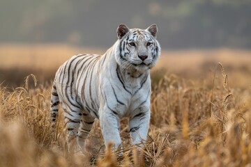 Naklejka premium Majestic Big Cat Strolling Through Golden Grass at Dusk in Natural Habitat