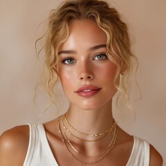 A woman wearing a white top and a gold necklace