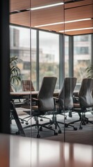 Modern meeting room interior view through reflective glass.