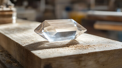 Clear Crystal on a Wooden Surface with Sawdust
