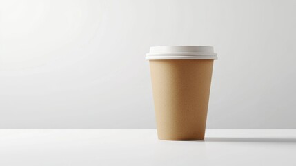 Disposable coffee cup, light beige color, white lid, simple design, on white surface