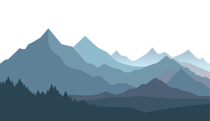 Naklejka premium Vector misty mountain landscape with blue peaks and clouds at sunrise, Illustration