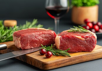 Fresh Red Meat Cuts Ready for Cooking with Herbs and Red Wine