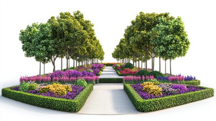 Obraz premium Garden-style park with colorful flower beds, green hedges, and artistic trees on white
