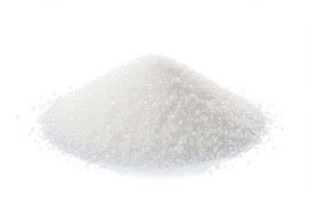 A small pile of white granulated sugar isolated on a plain white background in a studio shot