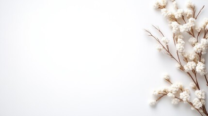 Delicate white flowers in full bloom on slender branches, minimalist composition on white background, and elegant and serene floral arrangement.