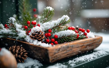 Snowy Christmas Arrangement in Wooden Tray